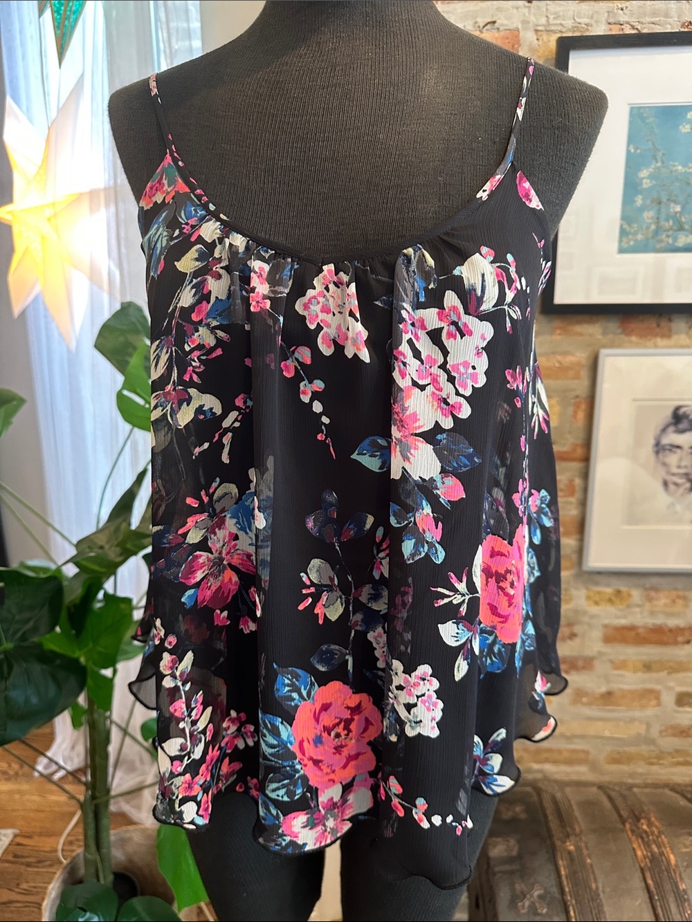 Express Black Floral Spaghetti Strap Tank with Pink & Blue Blooms